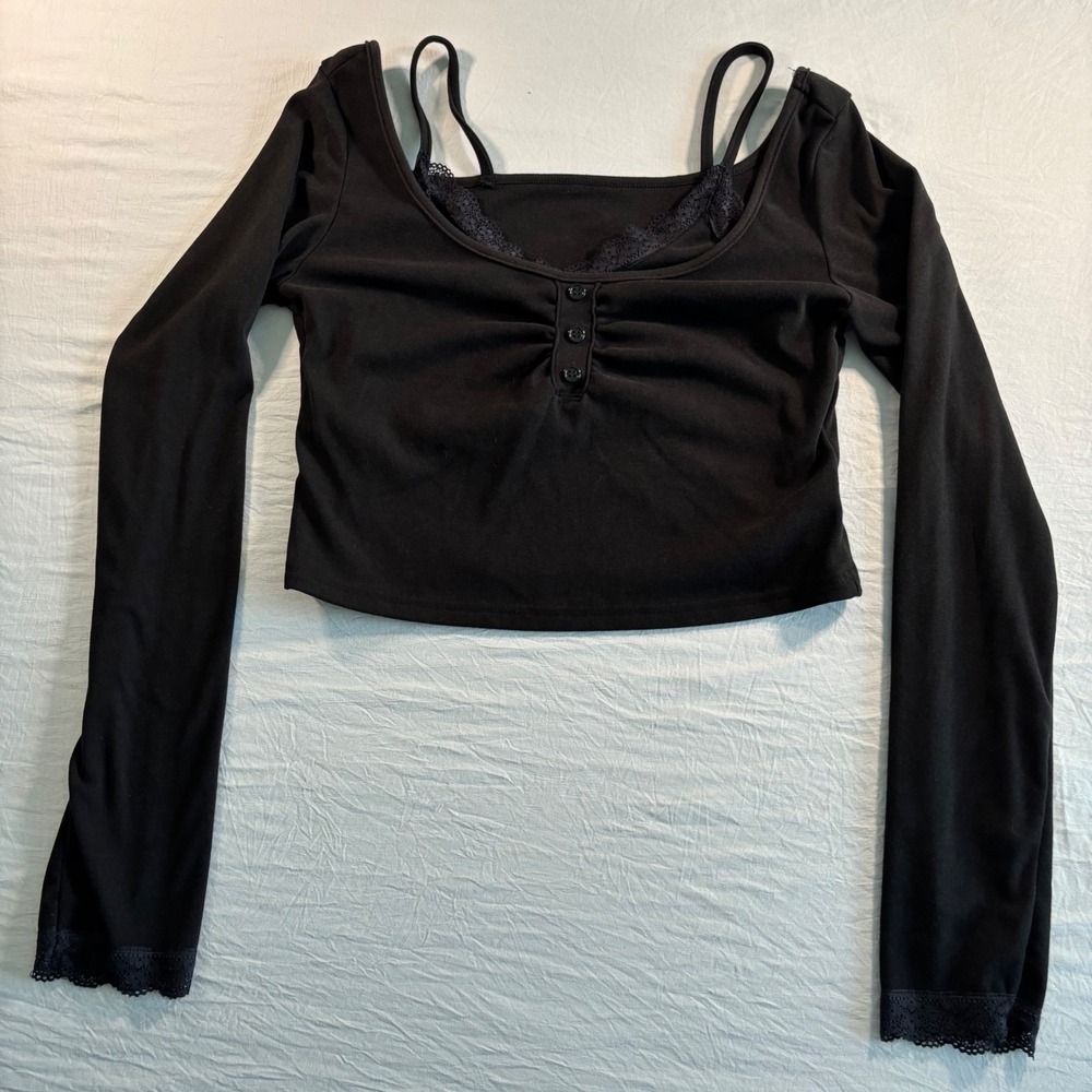 Dazy Black Lace Trim Layered Cami Long Sleeve Crop Top XL whimsy goth
